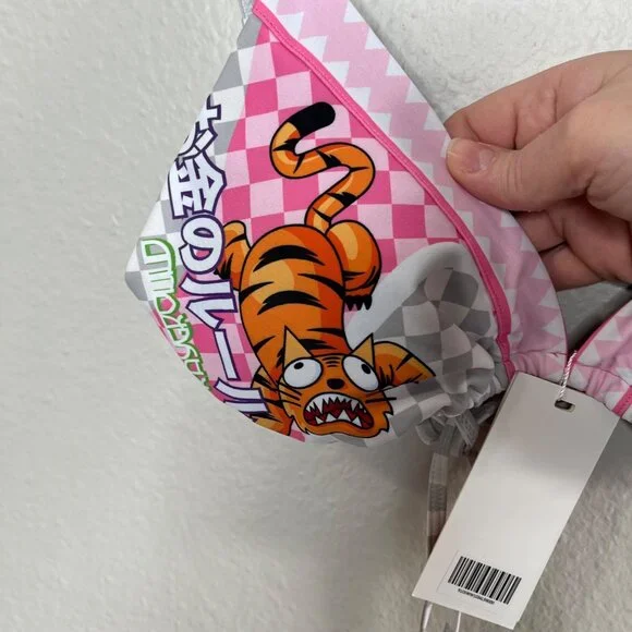 Sprayground Womens Triangle WTF Art Bikini Top Pink Tiger & Flame Print Size L - Picture 3 of 10